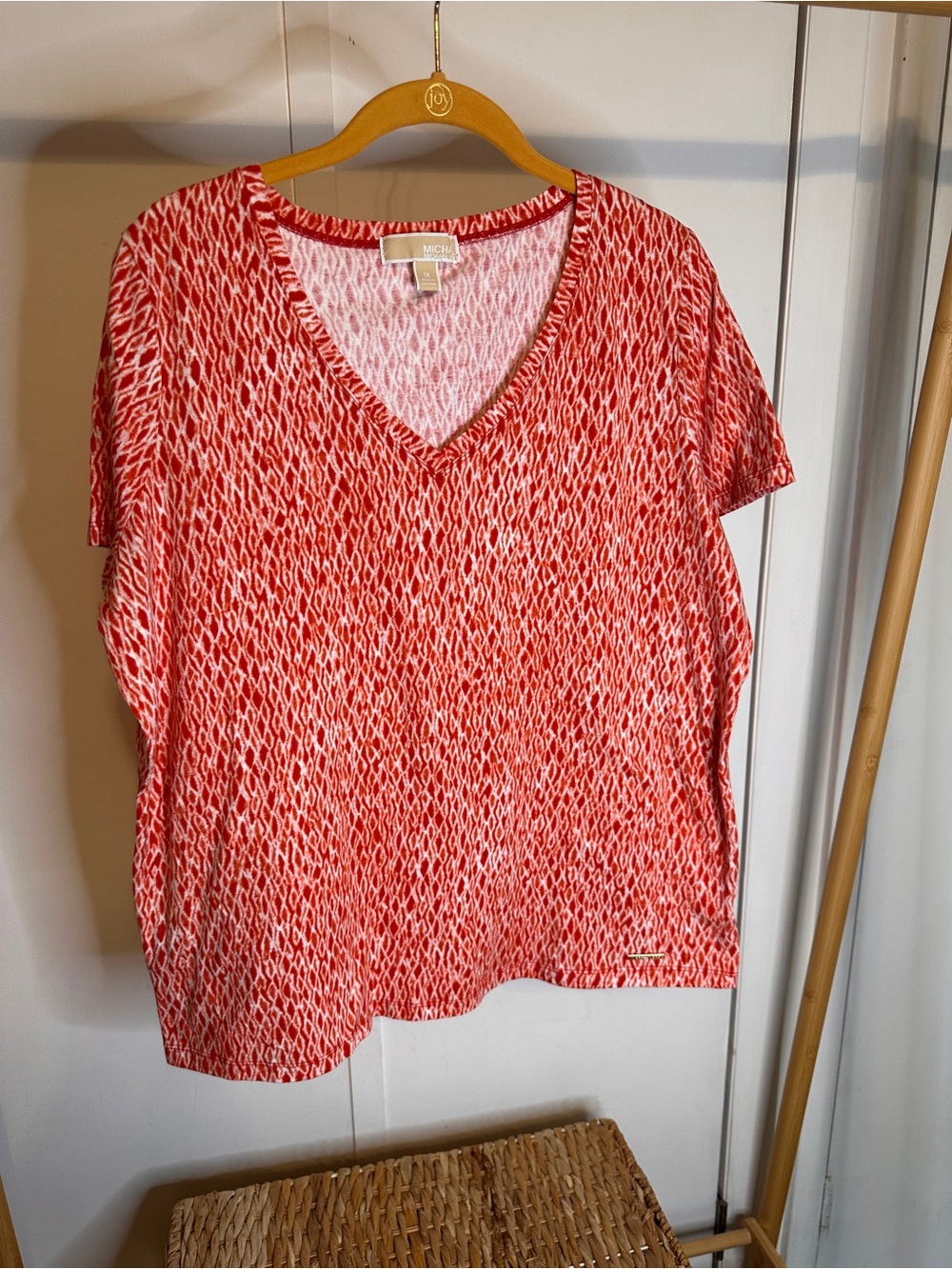 Michael Kors Red and White V-Neck Short Sleeve Printed Top 1X